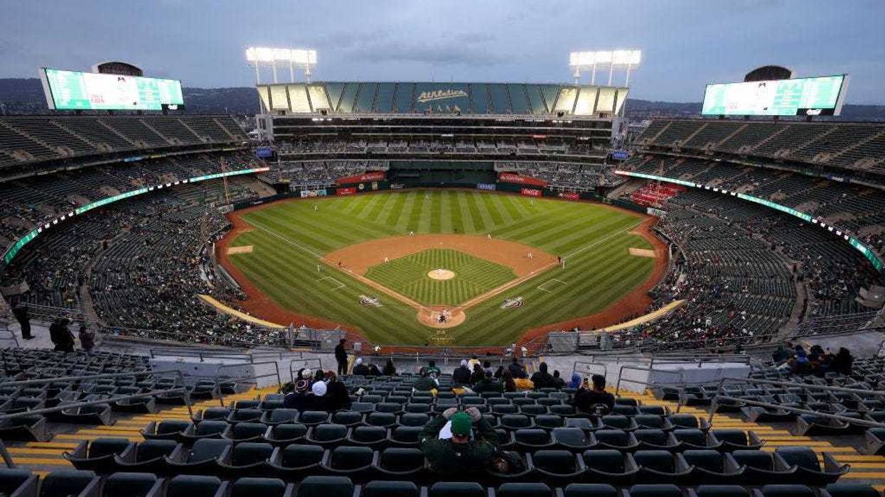 A general view of the pitch thrown by Alex Wood #57 of the Oakland Athletics during their game against the Cleveland Guardians at Oakland Coliseum on March 28, 2024 in Oakland, California.