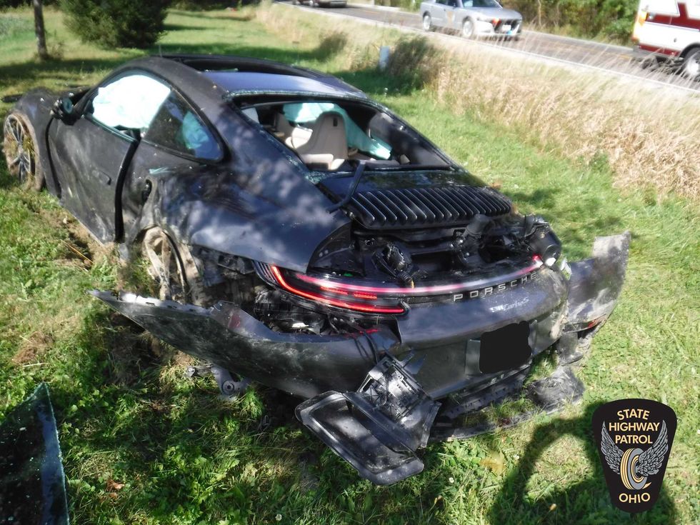 A general view of the Porsche driven by Browns defensive end Myles Garrett following a one-car accident that occurred on September 26, 2022
