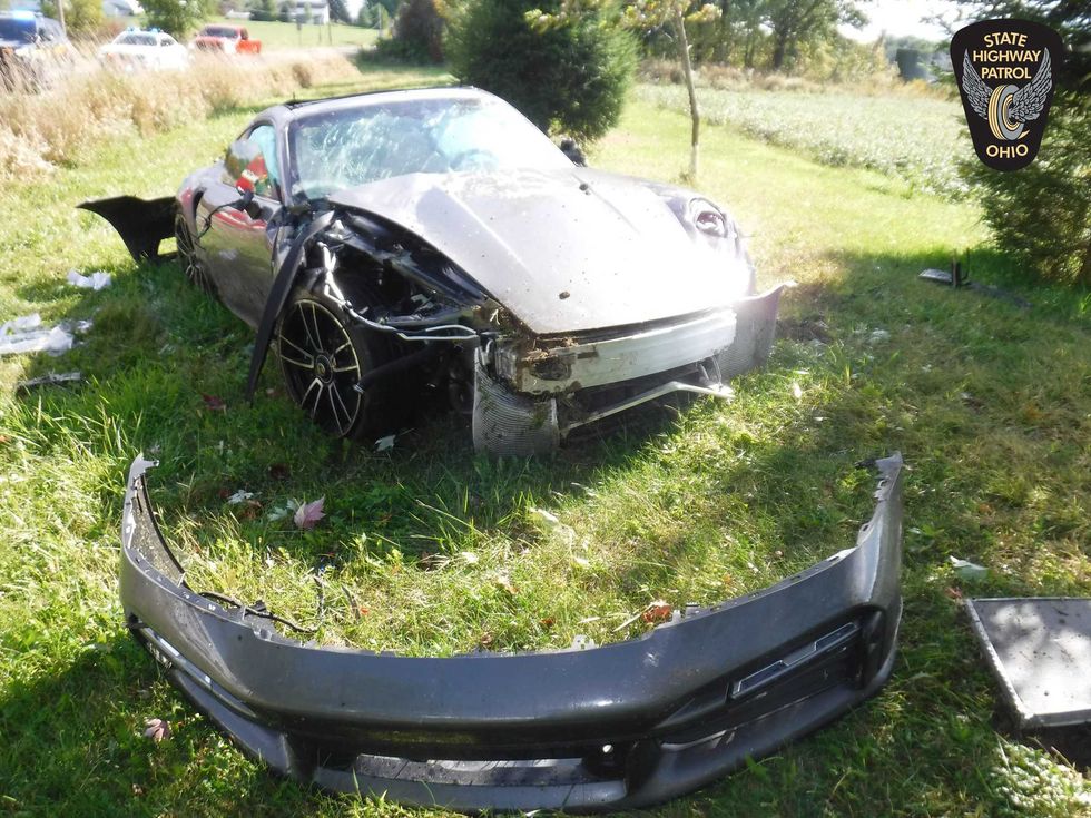 A general view of the Porsche driven by Browns defensive end Myles Garrett following a one-car accident that occurred on September 26, 2022