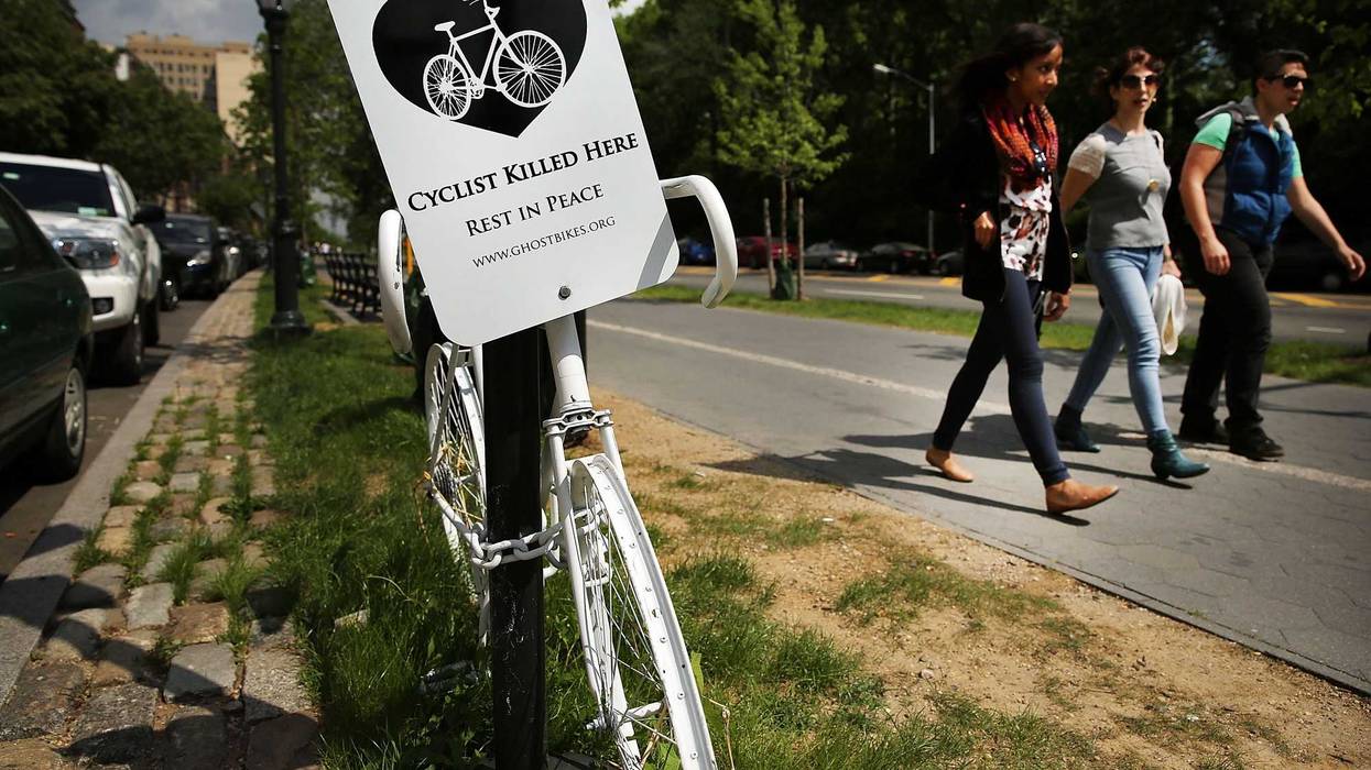 A "Ghost Bike", which are used to signify a fatality involving a bicycle, is viewed along a busy street on May 30, 2014 in the Brooklyn borough of New York City.