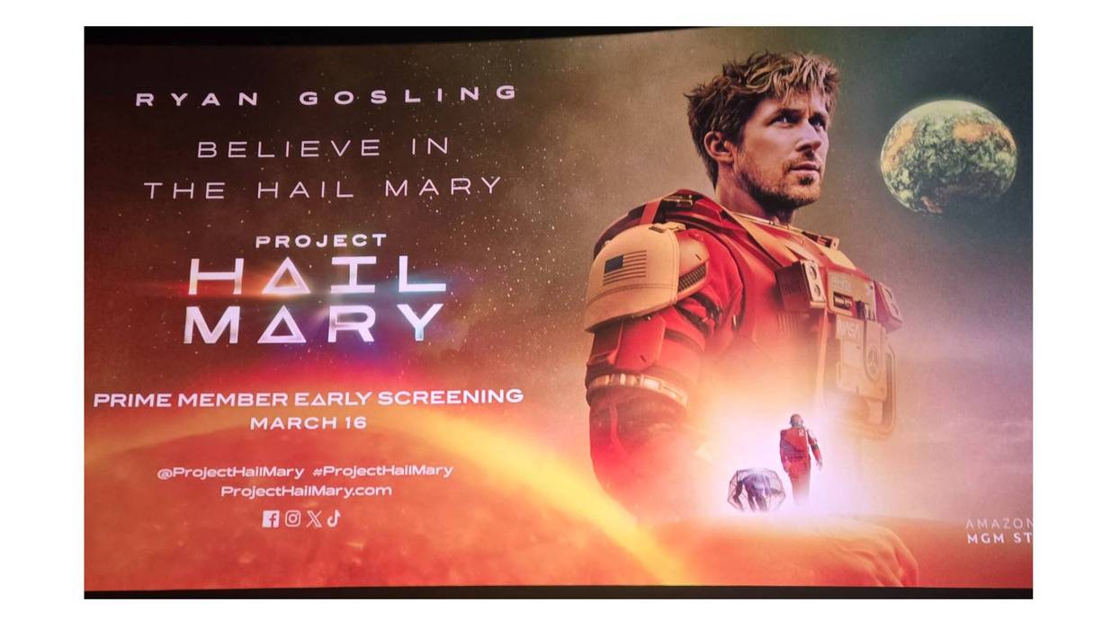 A giant theatre screen with Project Hail Mary early screening displayed