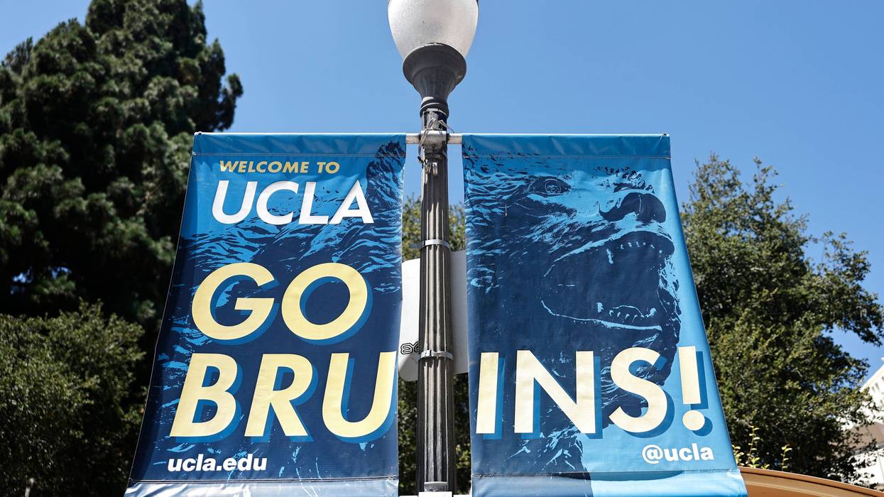 A 'Go Bruins!' sign is posted on the UCLA campus on July 30, 2025 in Los Angeles, California.
