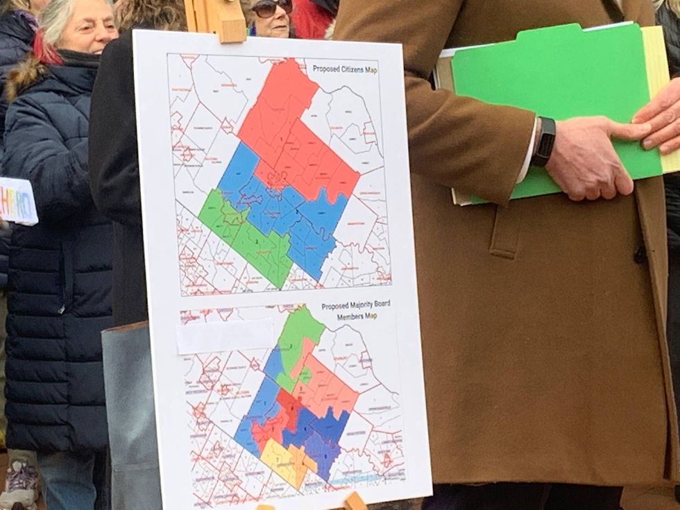 A graphic which Central Bucks School District Fair Votes says is a comparison between the three-district map they created and a nine-district map proposed by officials, a proposal the Fair Votes group calls a "Republican gerrymander."
