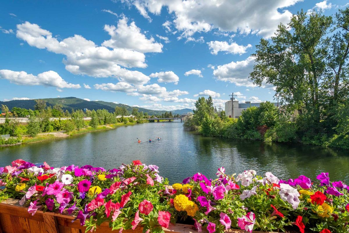 A group of kayakers enjoy a beautiful summer day on Sand Creek River and Lake Pend Oreille in the downtown area of Sandpoint, Idaho, USA