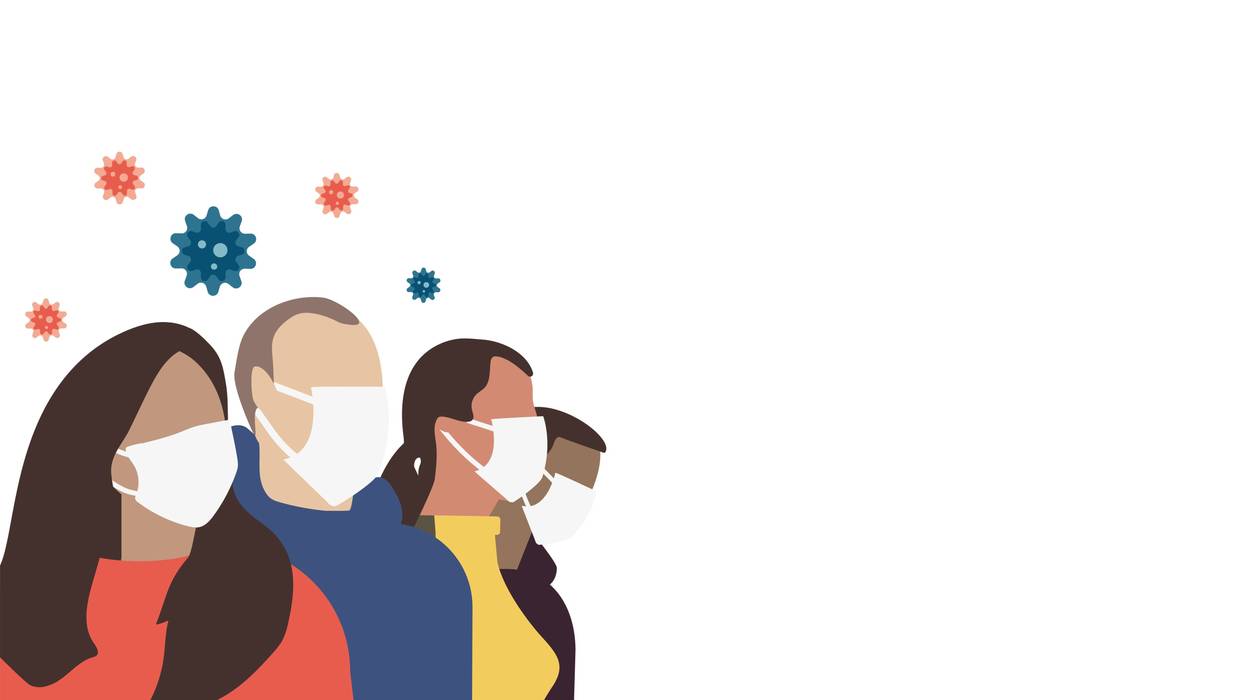 A group of people in protective respiratory masks
