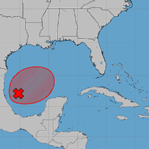 A Gulf disturbance now has an 80 percent chance of becoming a tropical depression within the next two days, and forecasters say it is too early to say where it would come ashore.