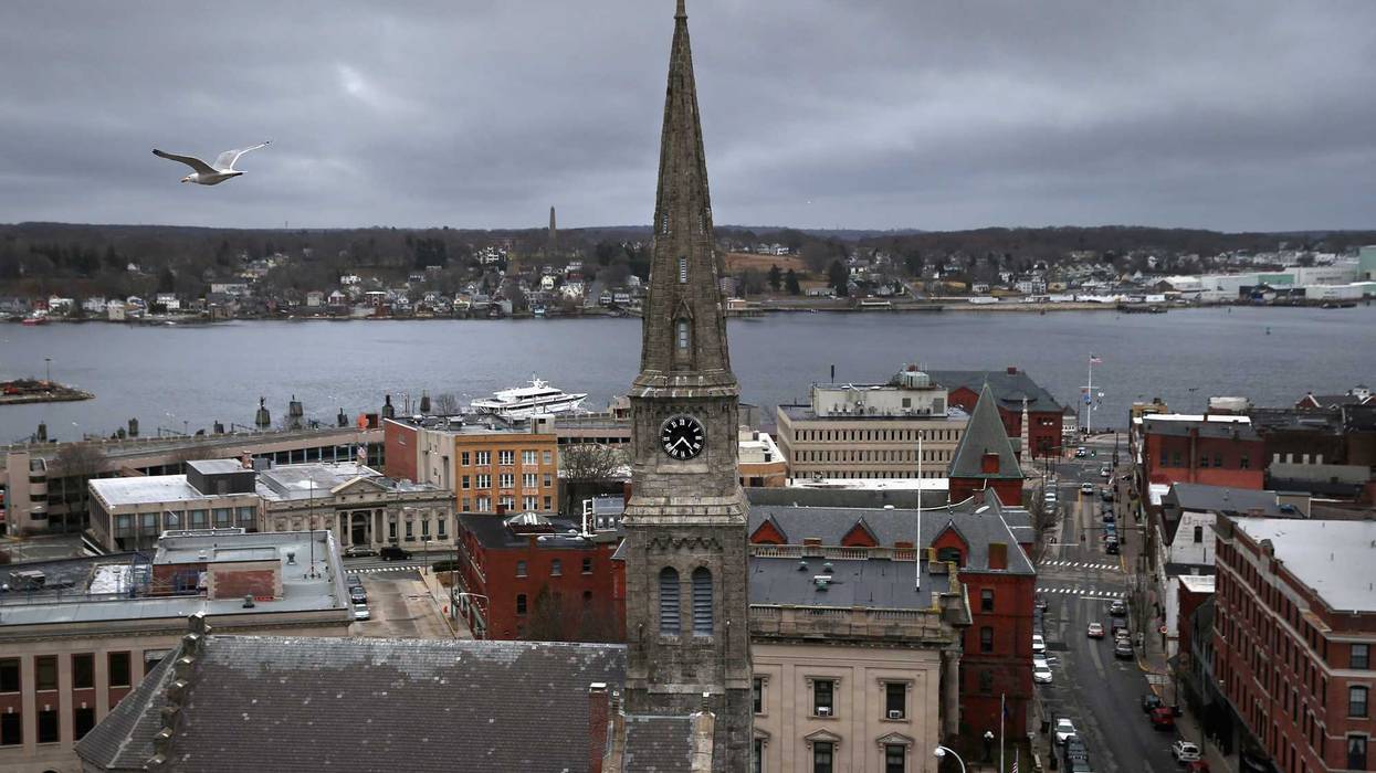 A gull flies over downtown on March 14, 2016 in New London, CT.