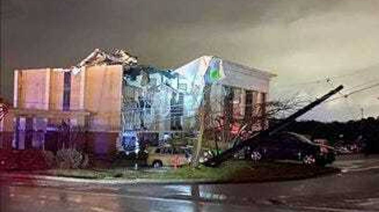 A Hampton Inn hotel is severely damaged after a tornado tore through Fultondale, Ala., on Monday, Jan. 25, 2021. (Alicia Elliott via AP)