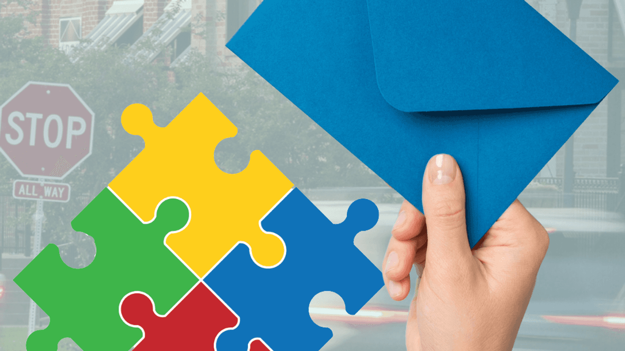 A hand holds a blue envelope in the upper right corner. In the lower left corner are four puzzle pieces, a symbol for autism. Faded, in the background, you see a vehicle approaching a stop sign.