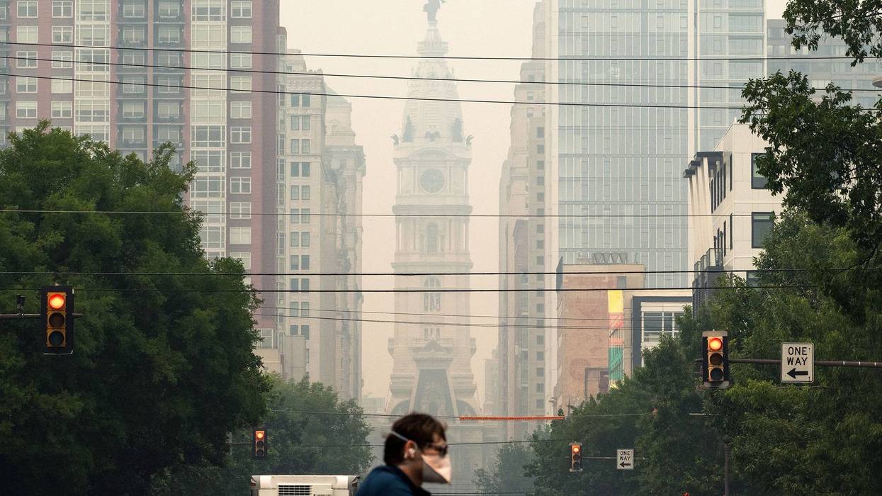 A haze covers Philadelphia City Hall, caused by smoke from Canada's wildfires, on June 7, 2023.
