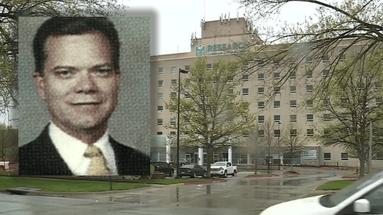 A headshot of Robert Courtney overlaid against a background of the exterior of Research Medical Center