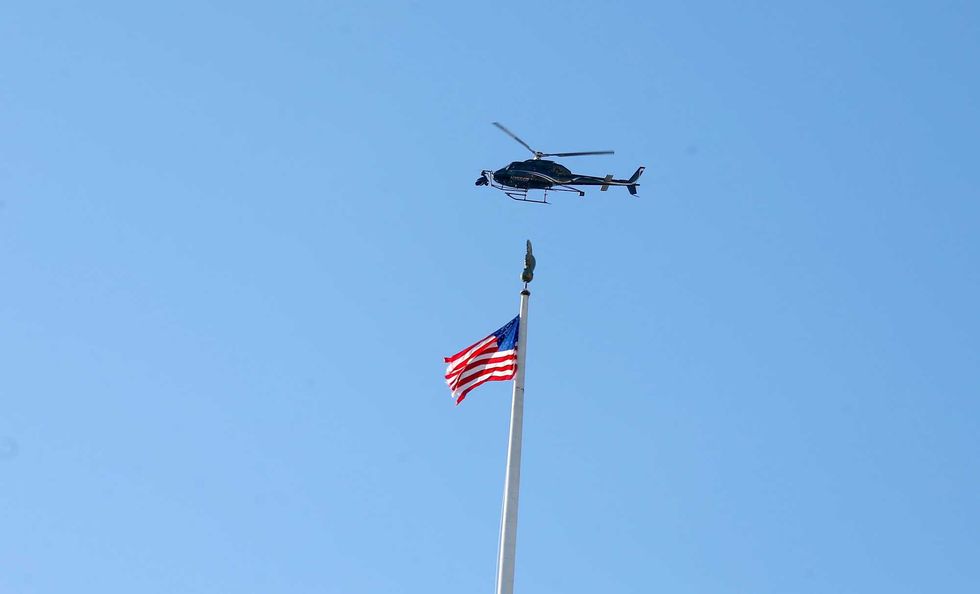 A helicopter over Lower Manhattan on March 20, 2023