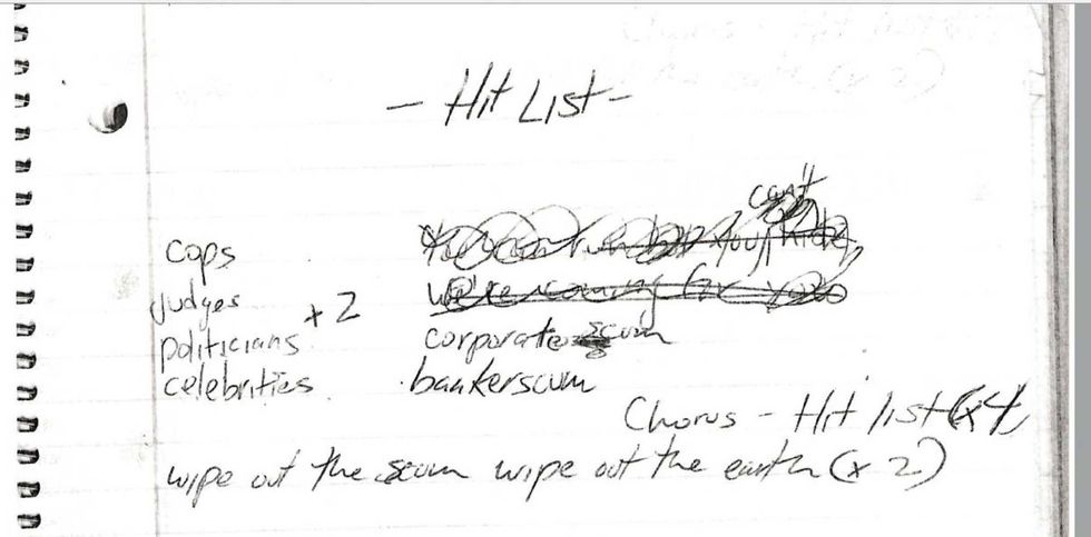 A "hit list" allegedly found in the apartment included the message, "Wipe out the scum wipe out the earth"