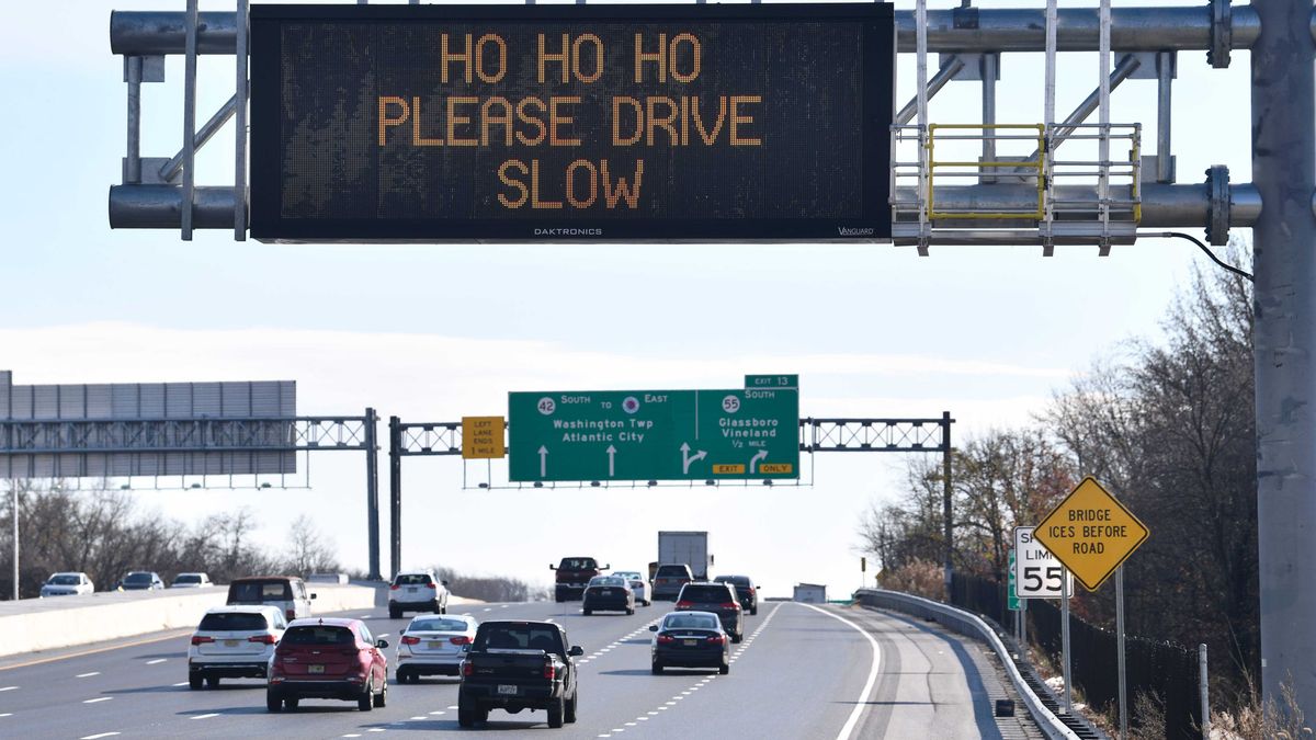 A holiday themed road sign is posted on Route 42 South, near the Route 55 South exit, on Wednesday, November 29, 2023.