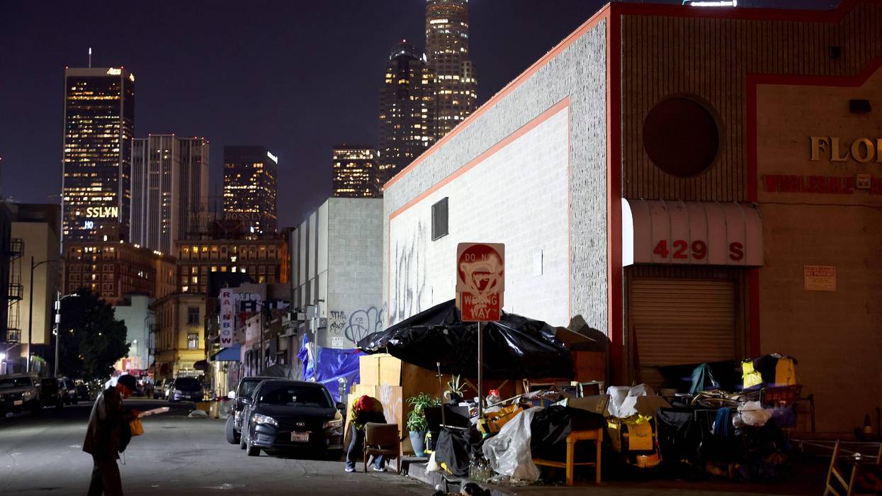A homeless encampment lines a sidewalk in the Skid Row community on December 14, 2022 in Los Angeles, California.