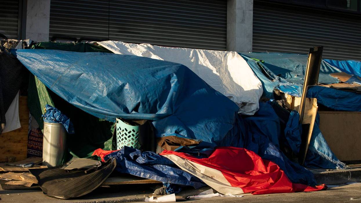 A homeless encampment on a street in downtown Los Angeles.