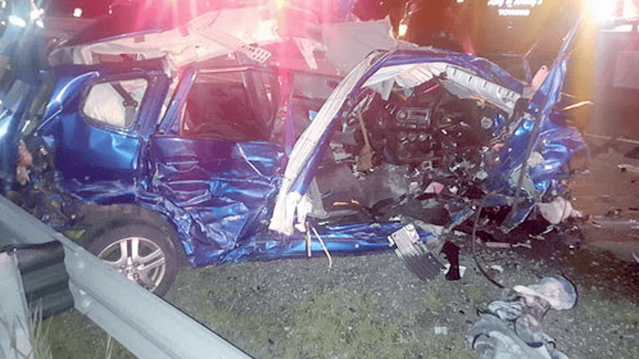 A Honda Fit was severely damaged after two consecutive crashes early July 27, 2020, on I-65 near Crown Point.