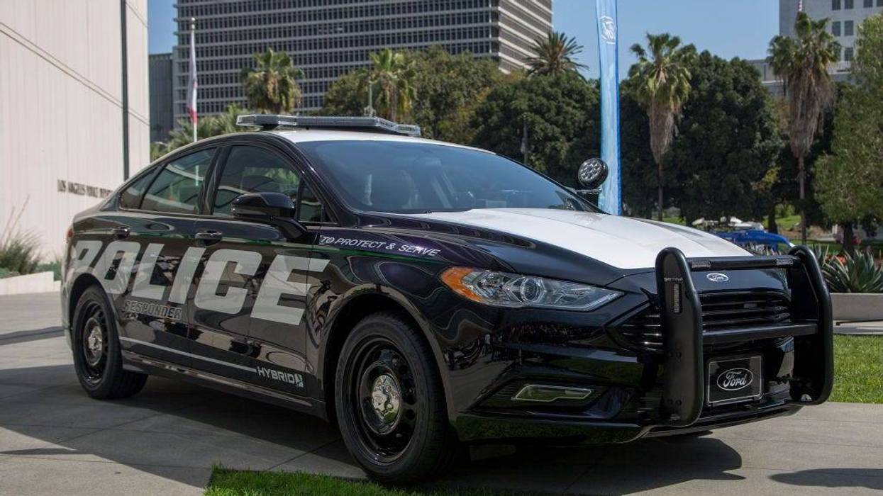A hybrid police car is seen at the unveiling of two new Ford Fusion hybrid pursuit-rated Police Responder cars at Los Angeles Police Department headquarters on April 10, 2017 in Los Angeles, California.
