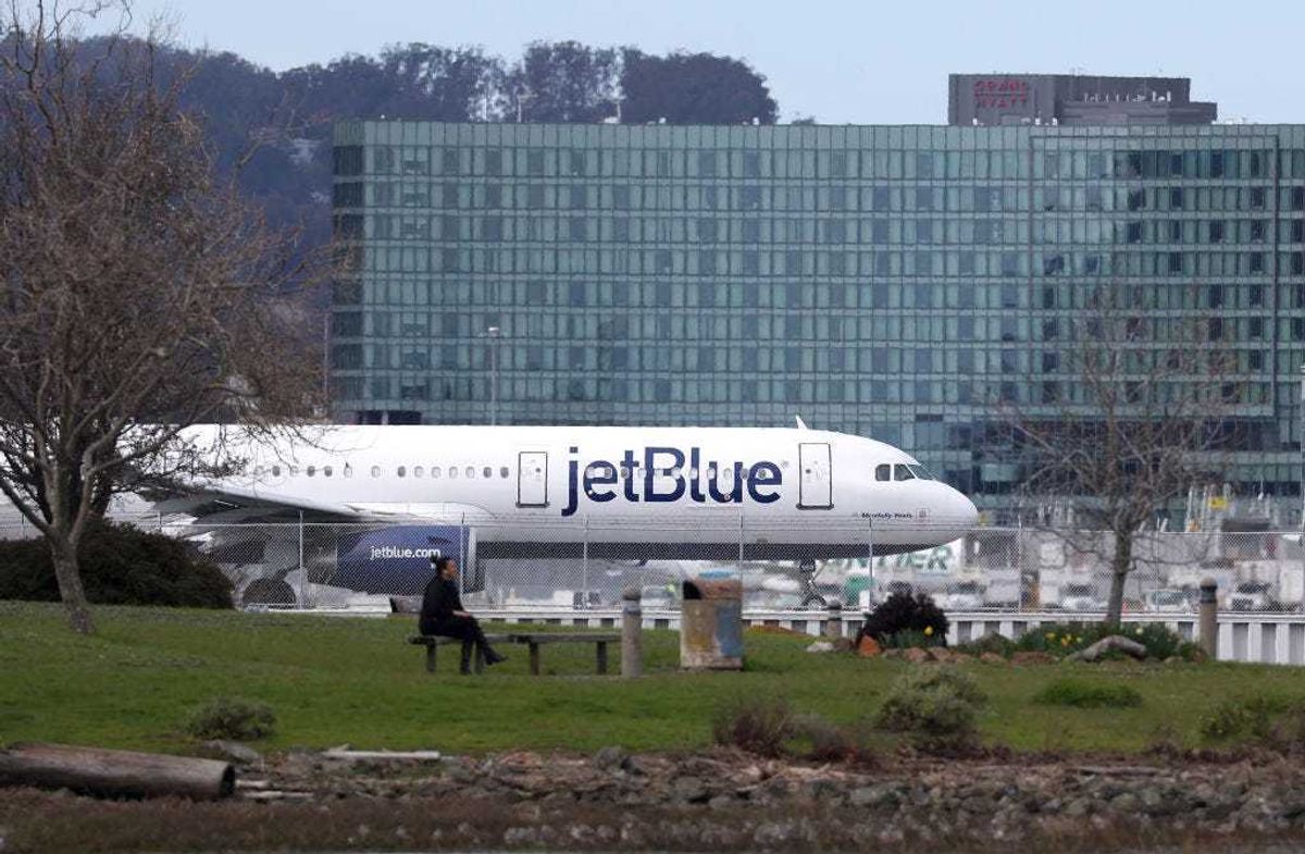 A JetBlue Airways plane prepares to take off from San Francisco International Airport on March 07, 2023 in San Francisco, California.
