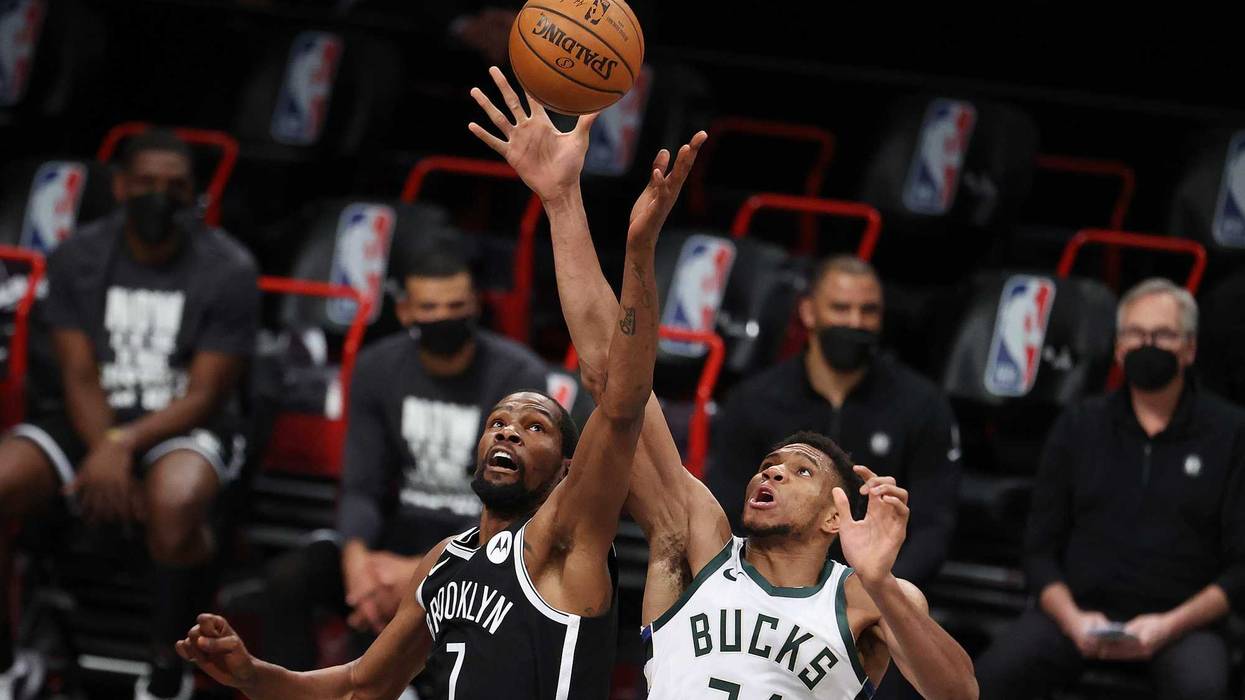 A jump-ball between Nets star Kevin Durant and Bucks' Giannis Antetokounmpo.
