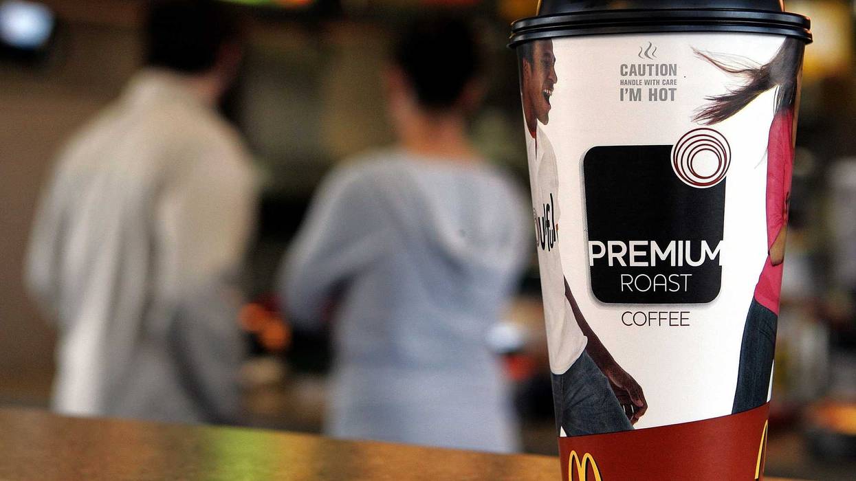 A large cup of McDonald's new "Premium Roast" brand coffee is displayed at a McDonald's restaurant.