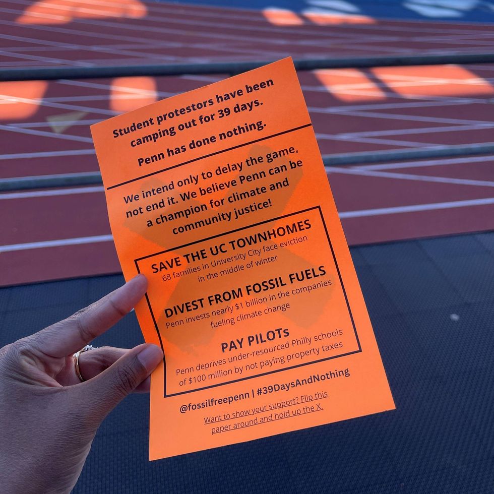 A leaflet distributed as a student group held a protest during Penn