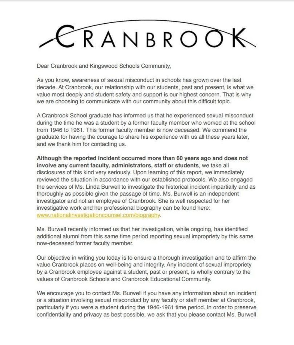 A letter, as reported by The Oakland Press, sent out via email and first-class mail to close to 13,000 alumni on Tuesday, Jeff Suzik, director of schools, Mark Reuss, chairman of the board of trustees, and Aimeclaire Roche, president, acknowledged that there has been "awareness of sexual misconduct in schools has grown over the last decade."