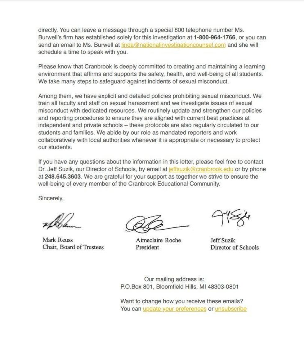 A letter, as reported by The Oakland Press, sent out via email and first-class mail to close to 13,000 alumni on Tuesday, Jeff Suzik, director of schools, Mark Reuss, chairman of the board of trustees, and Aimeclaire Roche, president, acknowledged that there has been "awareness of sexual misconduct in schools has grown over the last decade."