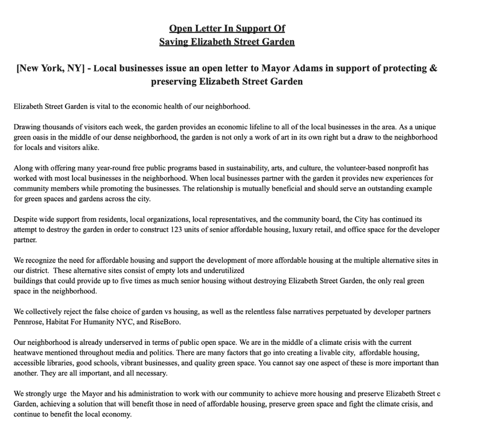 A letter calling for the preservation of the Elizabeth Street Garden by local businesses and organizations.