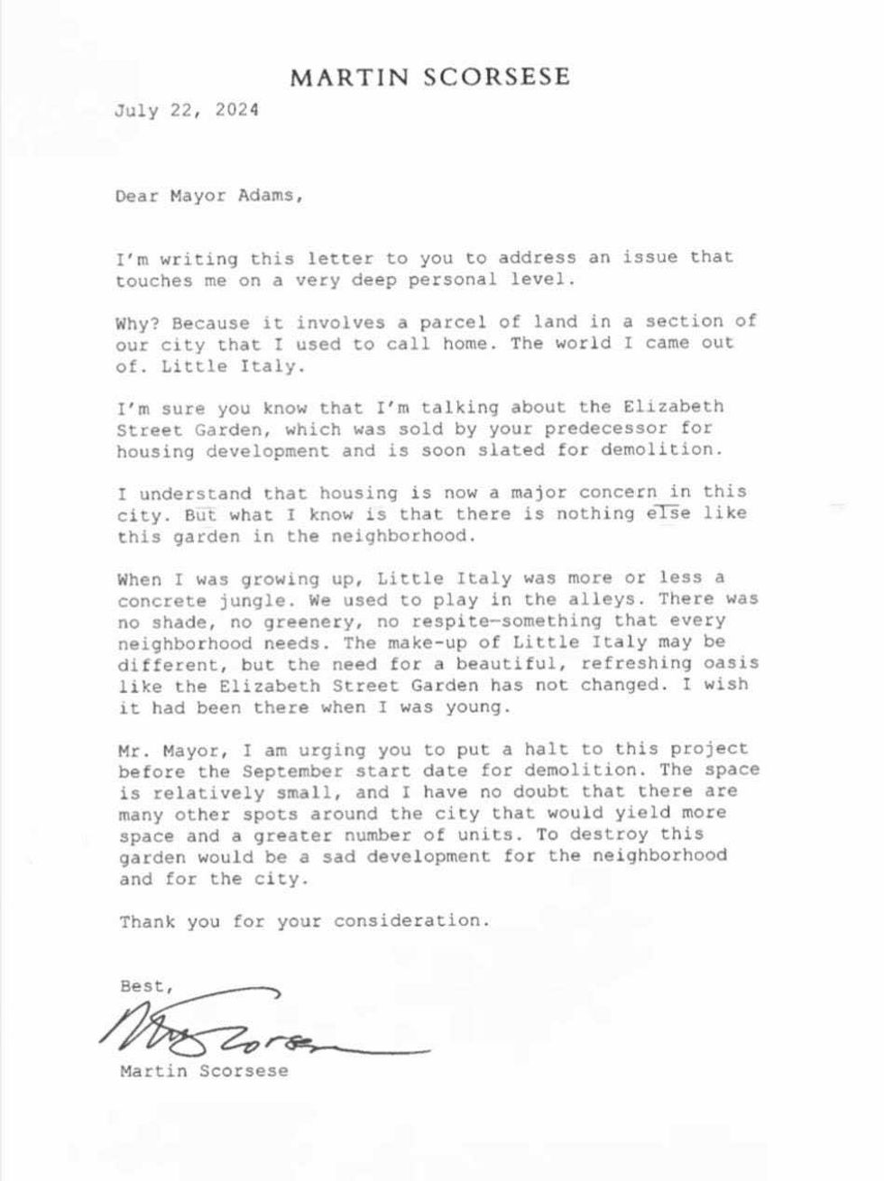 A letter calling for the preservation of the Elizabeth Street Garden by Martin Scorsese.