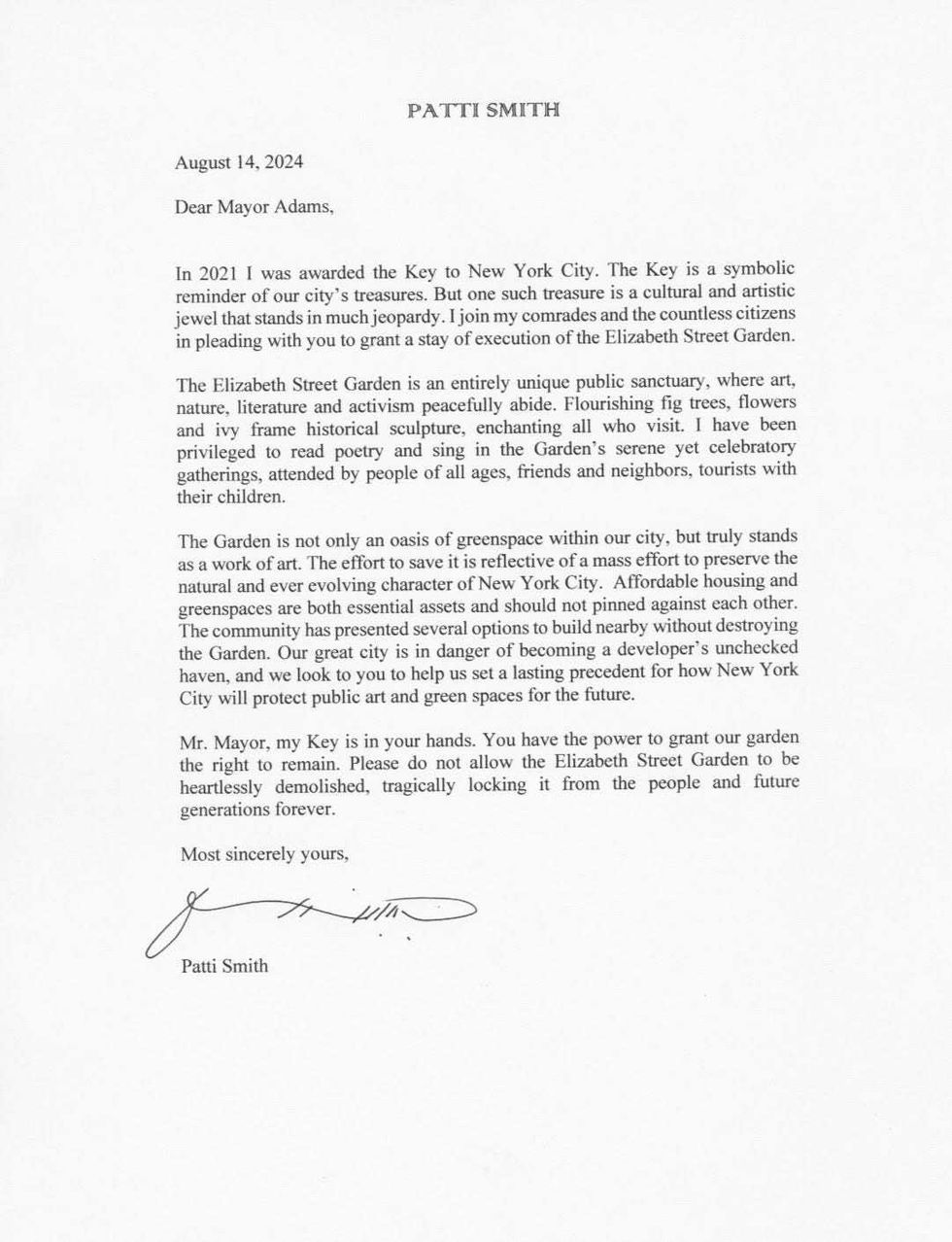 A letter calling for the preservation of the Elizabeth Street Garden by Patti Smith.