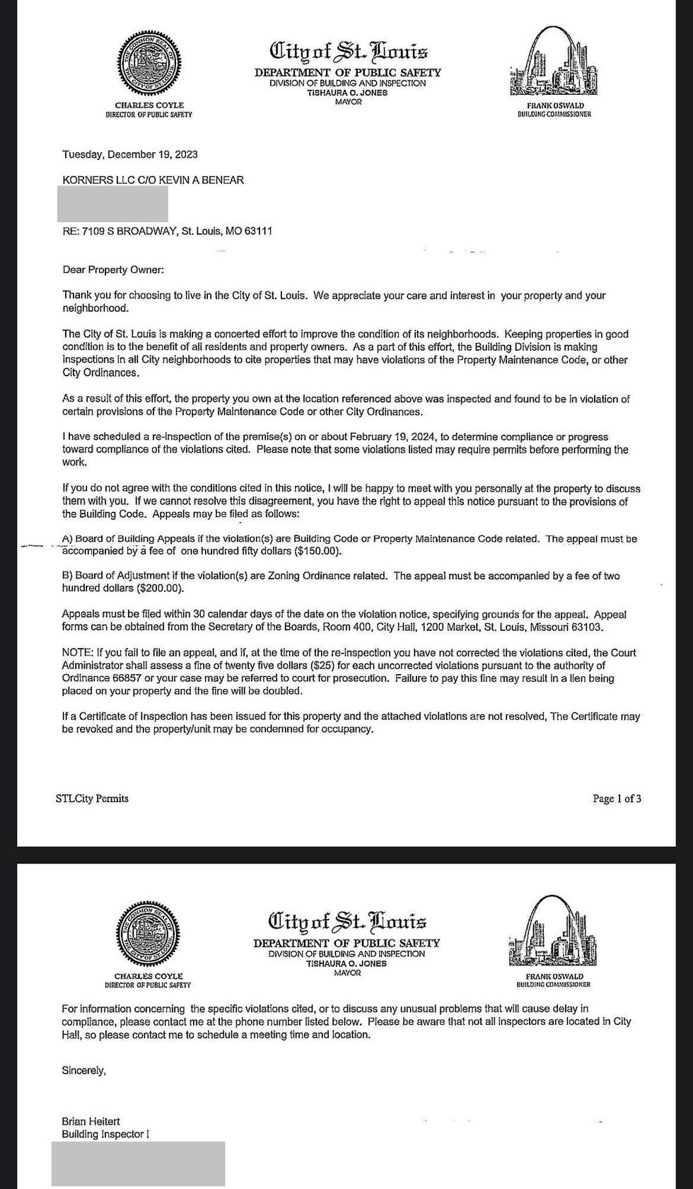 A letter sent from the City