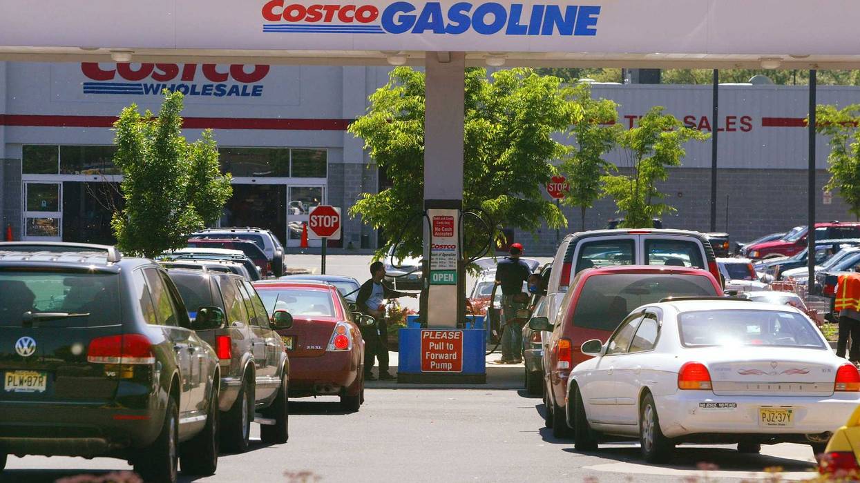 A line of cars waits for gas outside Costco May 20, 2004 in Clifton, New Jersey.
