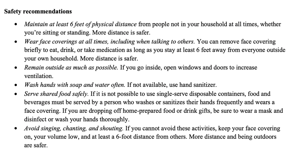 A list of additional recommendations if Bay Area residents are gathering in small groups for the holidays, including singing, washing hands and sharing food.