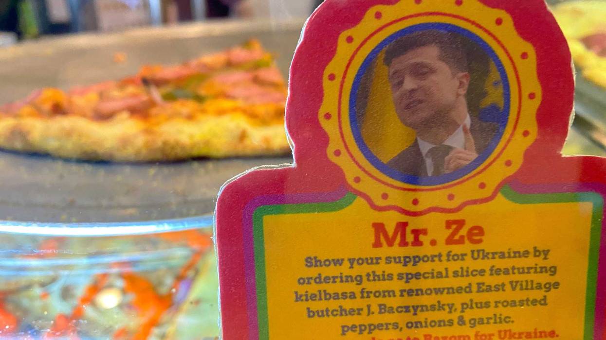 A lone slice of the in-demand pizza "Mr. Ze," at Two Boots in the East Village. It is named after Ukrainian president Volodymyr Zelenskyy, and features kielbasa from a local Ukrainian butcher.
