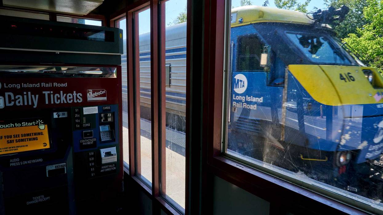 A Long Island Rail Road train arrives at the Bridgehampton LIRR commuter rail station in Bridgehampton, New York.