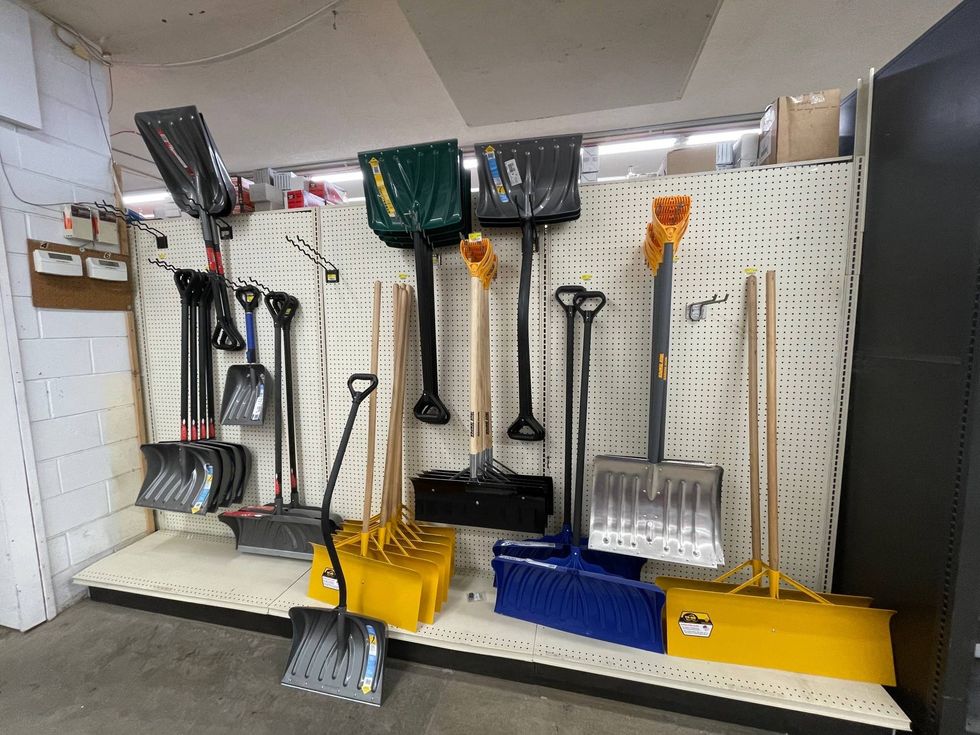 A look at the snow shovel supply at a hardware store