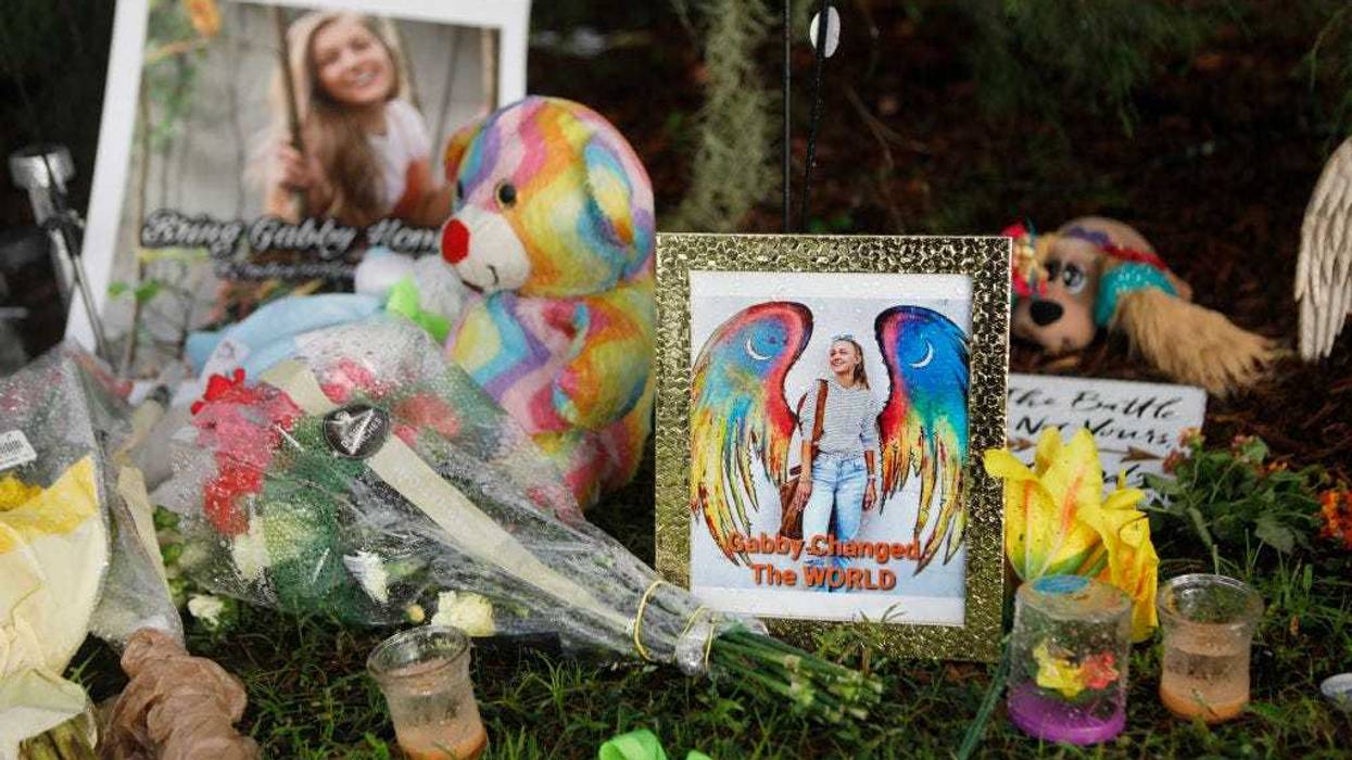 A makeshift memorial dedicated to Gabby Petito is located near the North Port City Hall on September 21, 2021 in North Port, Florida.