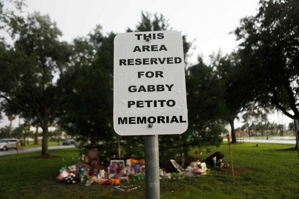 A makeshift memorial dedicated to missing woman Gabby Petito is located near City Hall on September 20, 2021 in North Port, Florida.