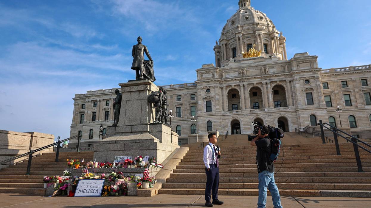 A makeshift memorial for DFL State Rep. Melissa Hortman and her husband Mark Hortman at the Minnesota State Capitol building on June 16, 2025 in St. Paul, Minnesota.