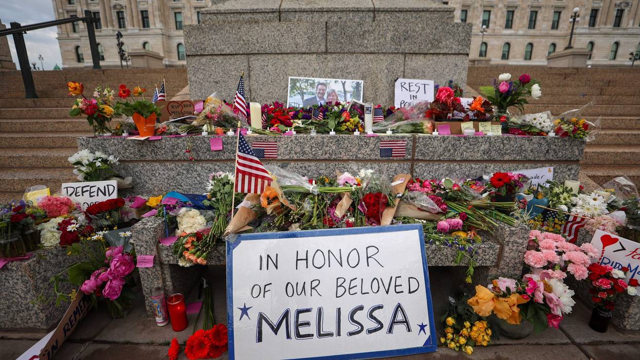 A makeshift memorial for DFL State Rep. Melissa Hortman and her husband Mark Hortman is seen at the Minnesota State Capitol building on June 16, 2025 in St. Paul, Minnesota.