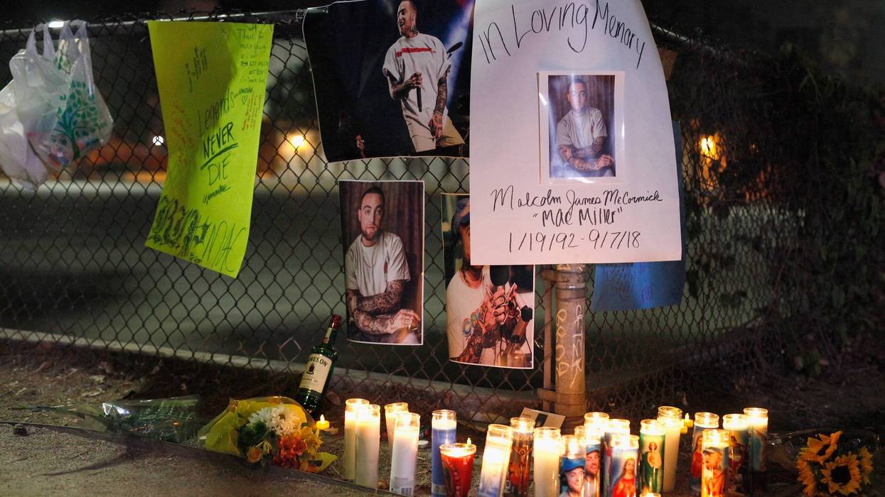A makeshift memorial to late rapper Mac Miller appears at the corner of Fairfax and Melrose Avenues on September 8, 2018 in Los Angeles, California. Miller died of a suspected overdose on Friday, September 7.