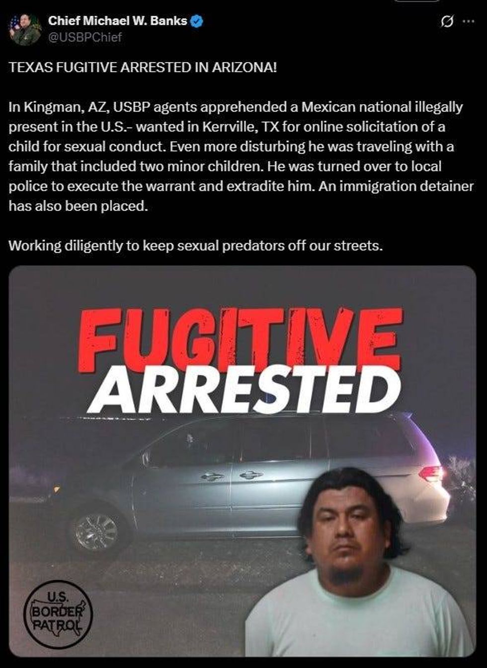 A man wanted in Kerrville, Texas, on charges of online solicitation of a child has been arrested in Arizona, according to U.S. Border Patrol officials.