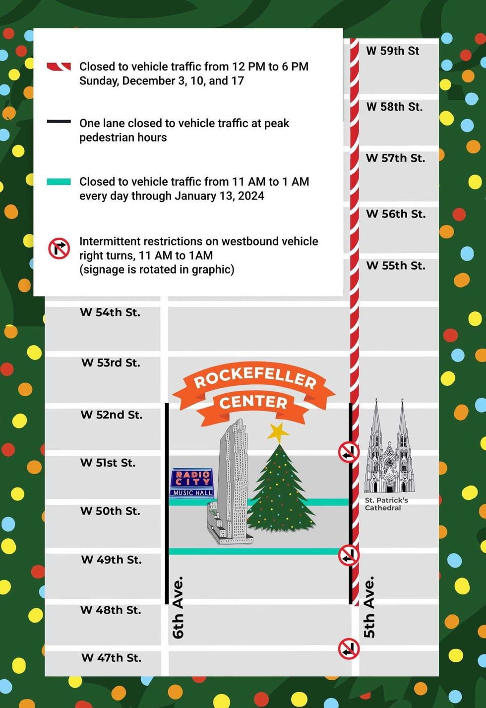 A map illustrating the affect of the Holiday Open Streets program on Midtown Manhattan.
