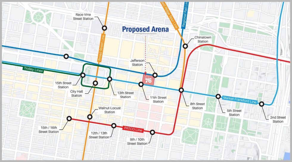A map of Center City with the proposed 76ers arena and more than 20 mass transit train routes.