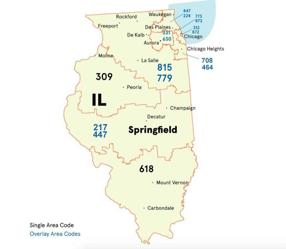 A map of Illinois telephone area codes.