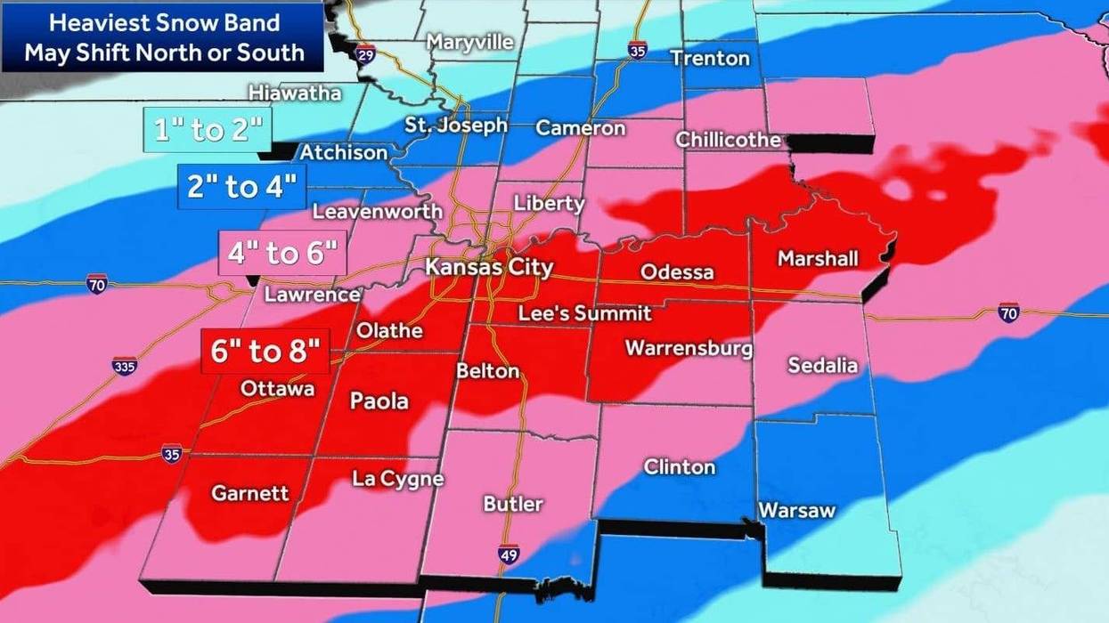 A map of potential snowfall across the KC Metro