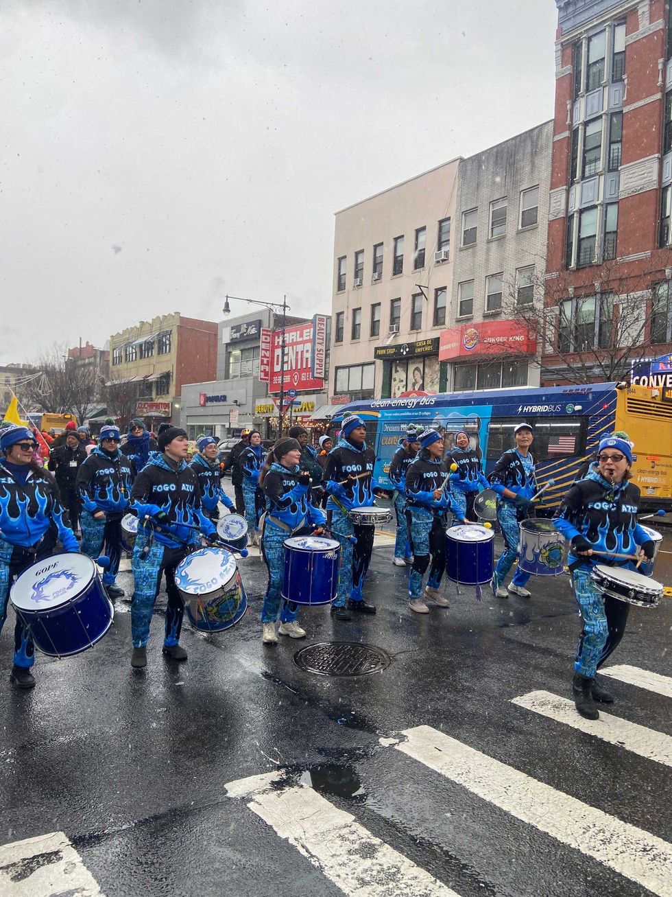 A marching band walks in the Three Kings Day Celebration parade put on by El Museo del Barrio in East Harlem on Jan. 6, 2025.