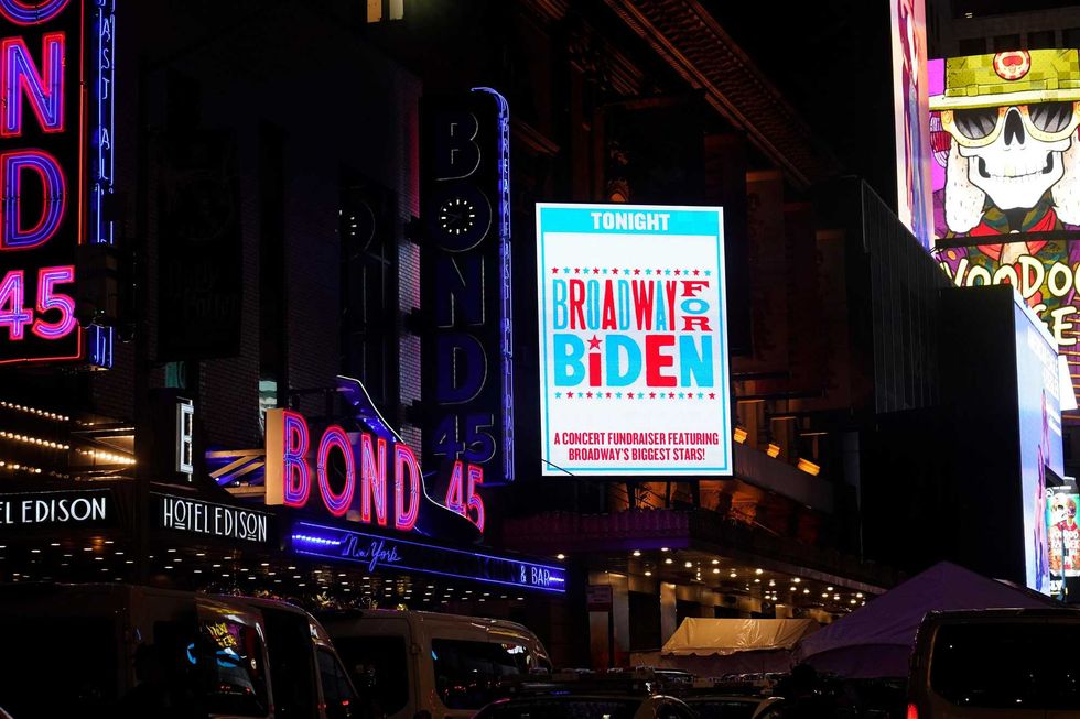 A marquee promoting a fundraiser with President Joe Biden is on display outside the Lunt-Fontanne Theatre in New York, Monday, Sept. 18, 2023