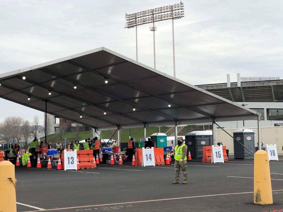 A mass vaccination site set up at the Oakland Coliseum